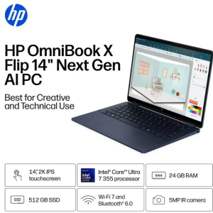 HP OmniBook 14KP0023DX, Ultra 7 355, 24GB RAM, 512GB SSD, 14" 2K X360 Touch Screen, Backlit Keyboard, Windows 11, Intl Freight Will Be Charged